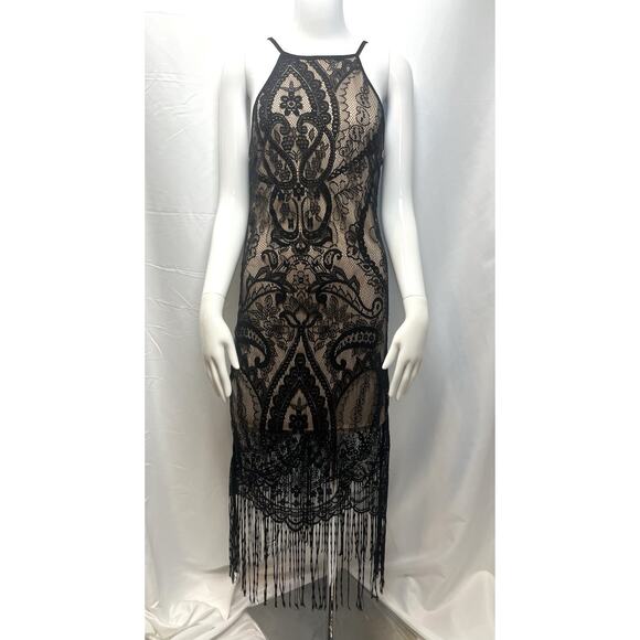 Haute Monde Lace Fringe Whimsy Goth Flapper Black Nude Dress Size Medium - Picture 1 of 15